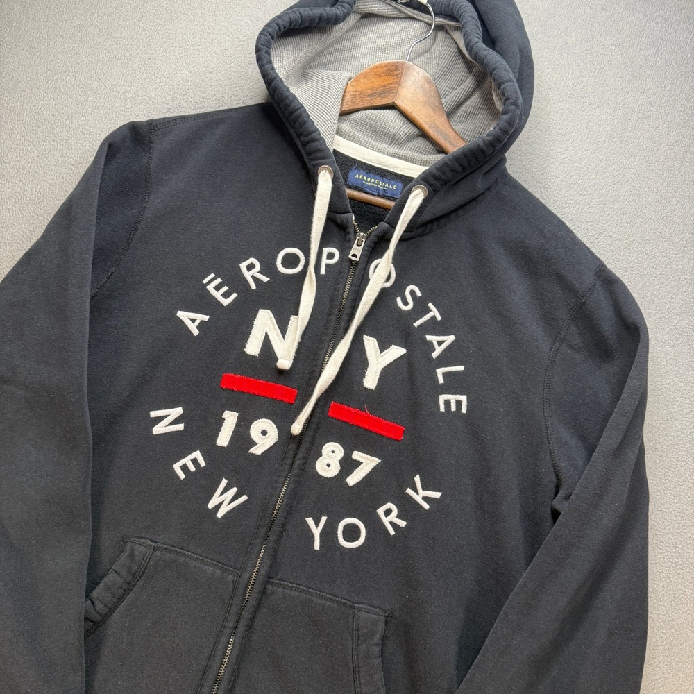 Aeropostale NY 1987 Full Zip Hoodie Mens XL Black Cotton Blend Fleece Sweatshirt